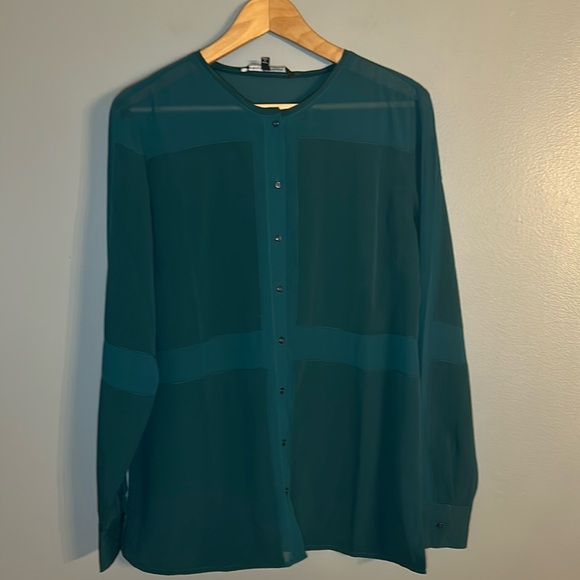 W118 By Walter Baker Green Blouse, Sz M, Sheer Panels Button Up Shirt, Top - Picture 1 of 6